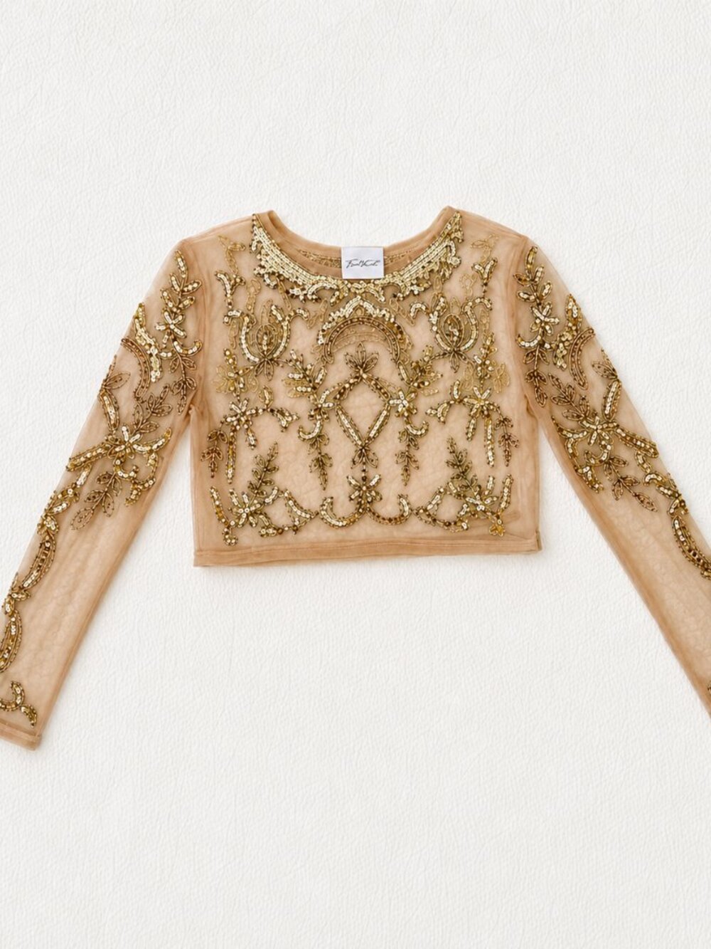 DeDee Embellished Mesh Long Sleeve Crop Top Small